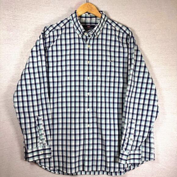 Vineyard Vines Slim Fit Whale Button Down Shirt Navy Teal Check Men's XL - Picture 1 of 10